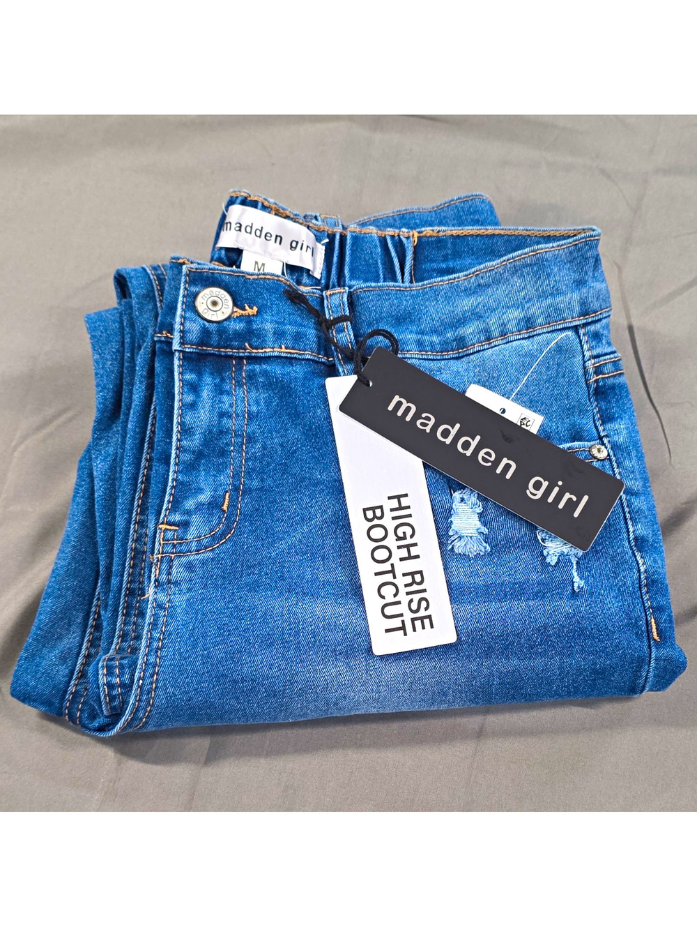 Madden Girl: Womens M High Rise Distressed Bootcut Blue Jeans